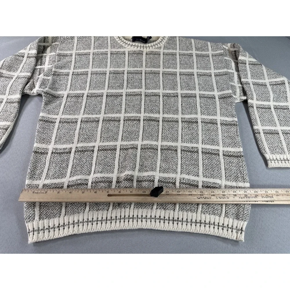Bill Blass Checkered Crewneck Sweater M Gray Cotton Blend Long Sleeve